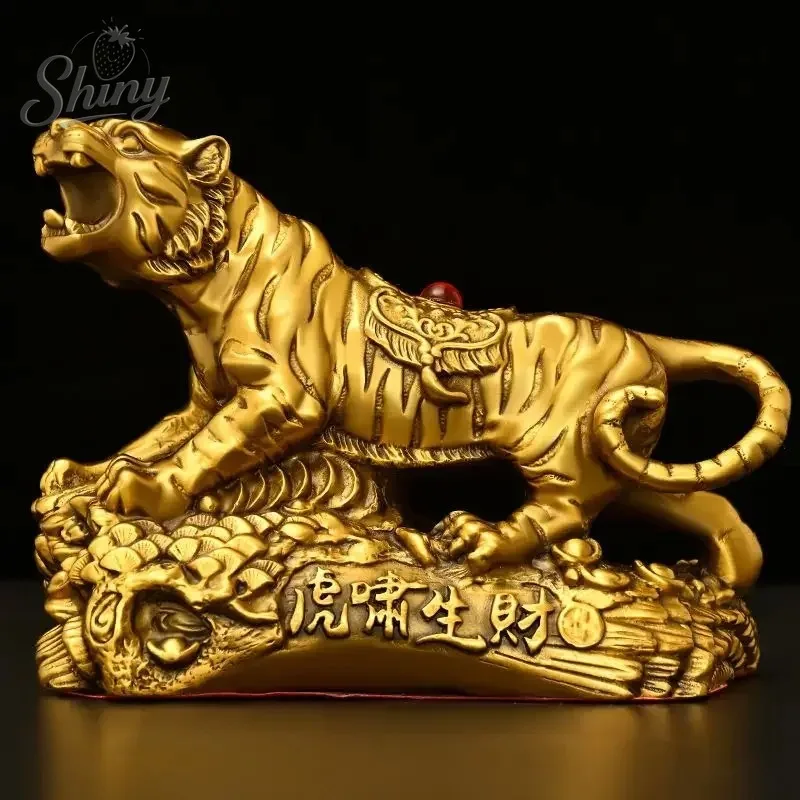 

15cm Chinese Pure Copper Zodiac Tiger Home Office Desktop Fortune Gold Tiger Feng Shui Crafts Auspicious Sculptures Home Decor
