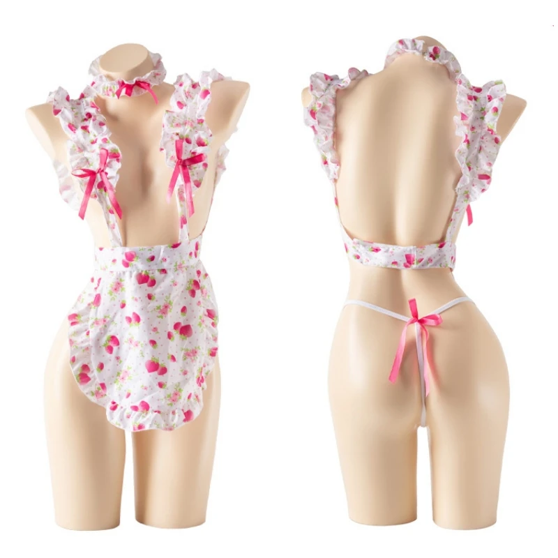 

Anime Sweet Maid Uniform Cosplay Costume Strawberry Hollow See Through Cute Role Play Outfits See Through Lingerie Underwear