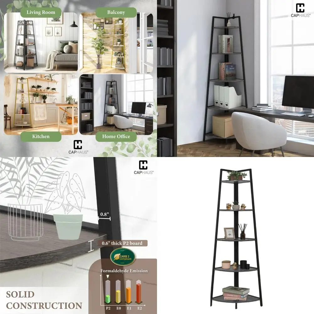 

5-ярусная лестничная книжная полка, деревянный стеллаж с металлическим каркасом, серый, для дома или офиса