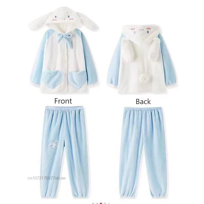 Sanrio Cinnamoroll Plush Cotton Cute Hooded 2 Pcs Pajamas Sets Y2k Sweet Cartoon Oversize Casual Pyjamas Women Winter Home Set