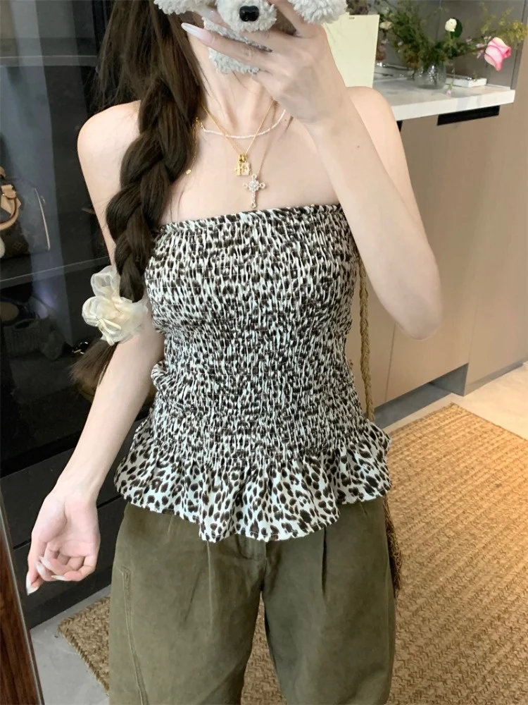 Top de tubo con estampado de leopardo estilo retro americano para mujer, ideal para verano y actividades al aire libre, con diseño que realza la cintura y efecto adelgazante, ideal para un look atrevido y sensual.