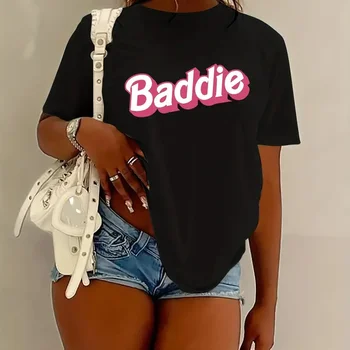 Baddie 프린트 크루넥 티셔츠, 캐주얼 반팔, 드롭 숄더 탑, 여성 의류 