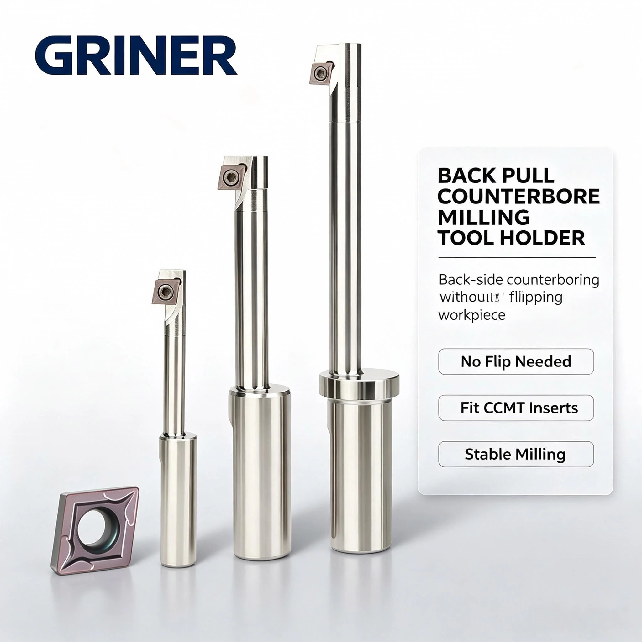 GRINER Back Pull Counterbore Milling Tool Holder Eccentric Counterboring Arbor 42CrMo Anti‑Vibration Fit For CCMT Inserts No Nee