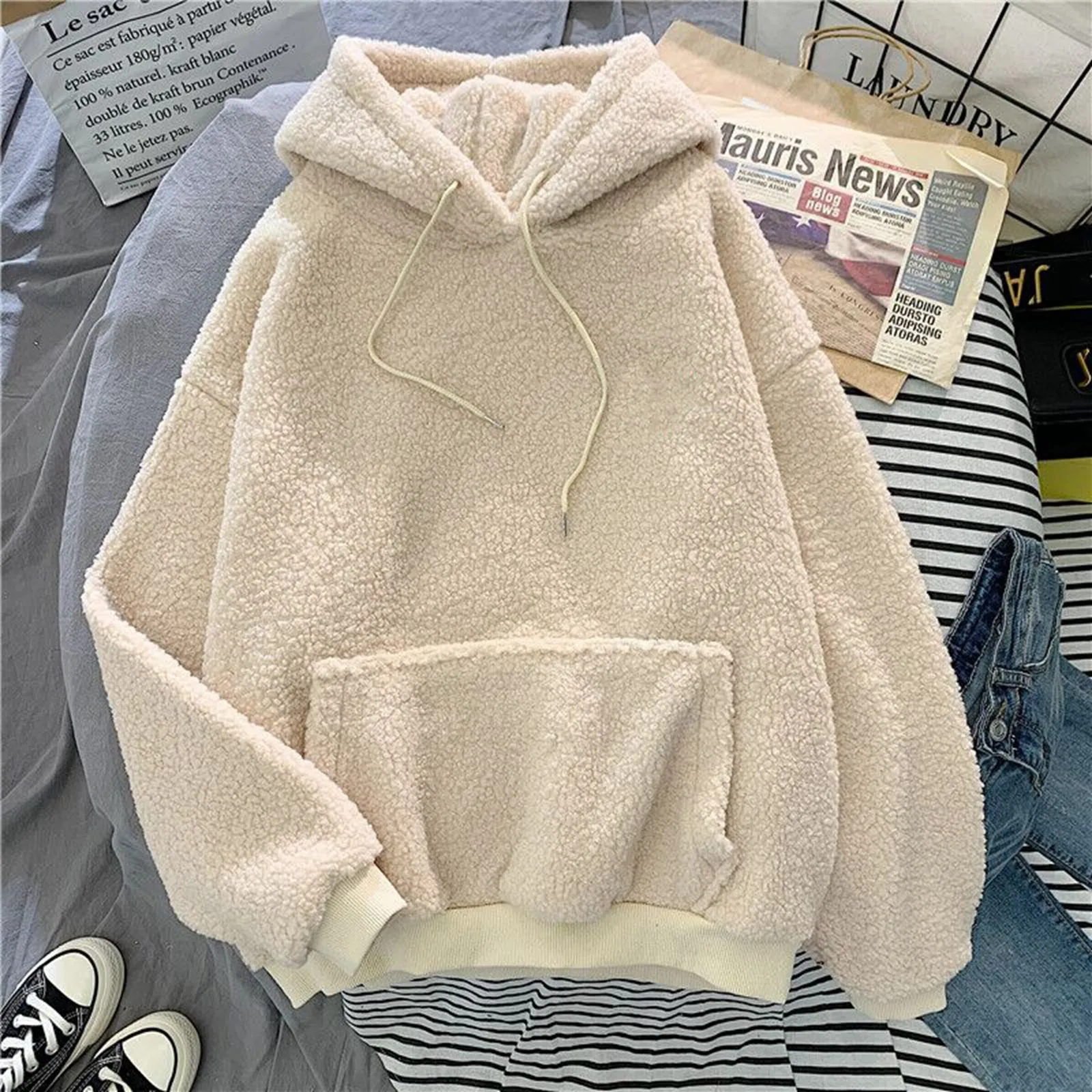 Autumn Winter Women Plush Hoodies Solid Color Oversized Hoodie Pocket Long Sleeve Fluffy Sweatshirt