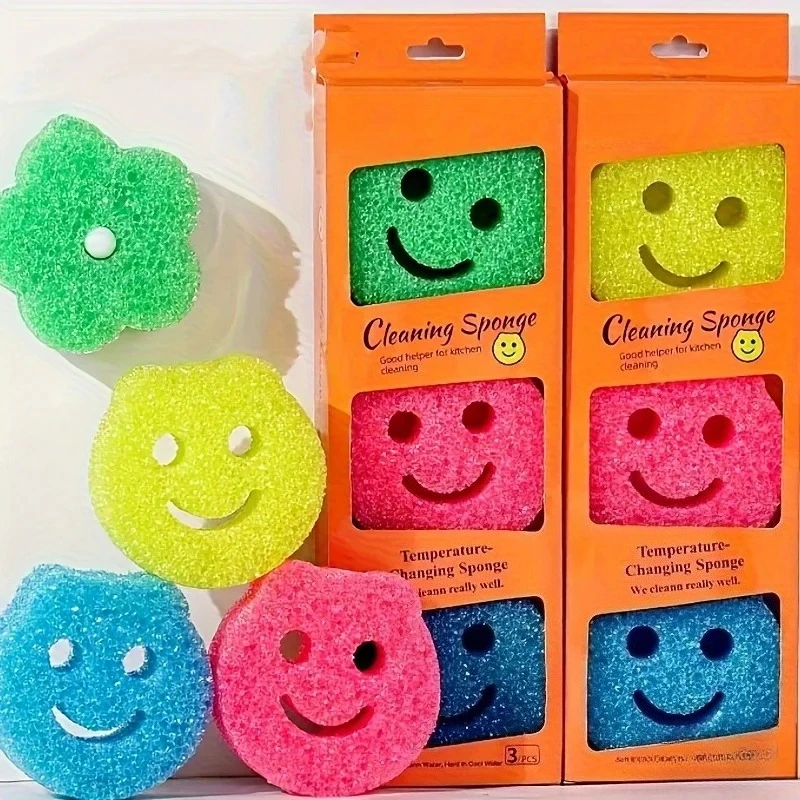 7 esponjas de limpeza que mudam de cor com o calor, com formato de rosto sorridente, ferramentas coloridas para lavar louça na cozinha, ideais para remover gordura no verão.
