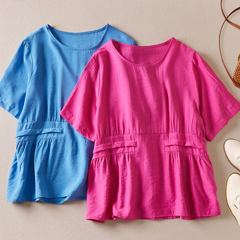 

Summer Loose Cotton And Linen Blouses Women Shirts Casual Short sleeved Tops Tees Solid Color Basic Shirts