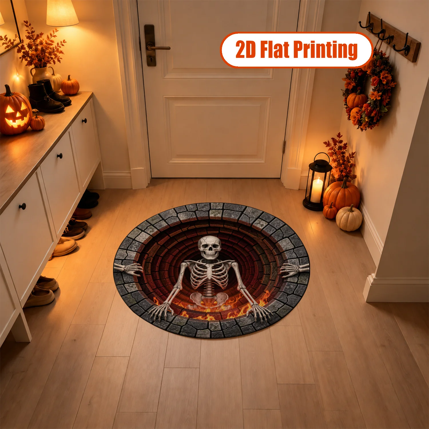 3D Skeleton Brick Fire Pit Pattern Round Velvet Rug, Machine Washable, Resists Shifting, Ideal for Entryway, Living Room, Bedroom, Halloween, Thanksgiving, Black Friday, Christmas, New Year Festive Decor