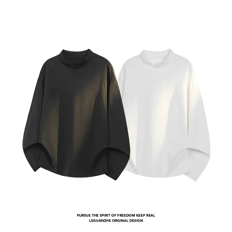 Male Relaxed Oversized Mock Neck Long Sleeve Top Notch Collar Lightweight Fabric For Holiday Daily Styling Look - view 3