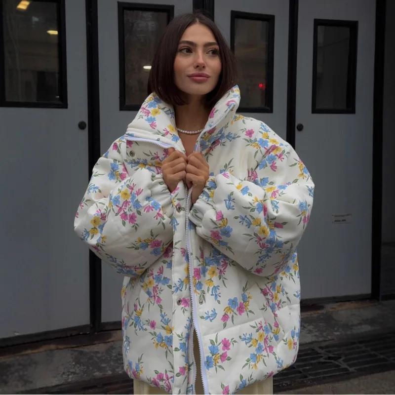 Floral Padded Puffer Jacket For Women's Winter Fashion Oversized Design Stand Collar Warm Zip Up Outerwear Street Style Look New