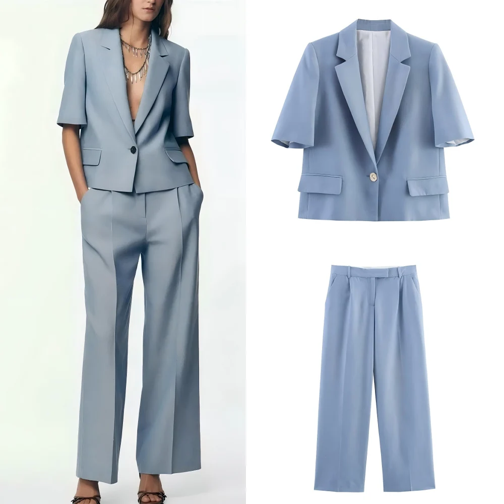 

Women's new fashion flip decoration casual short sleeved suit jacket retro Lapel Button-up women's Coat chic top+Pants suit