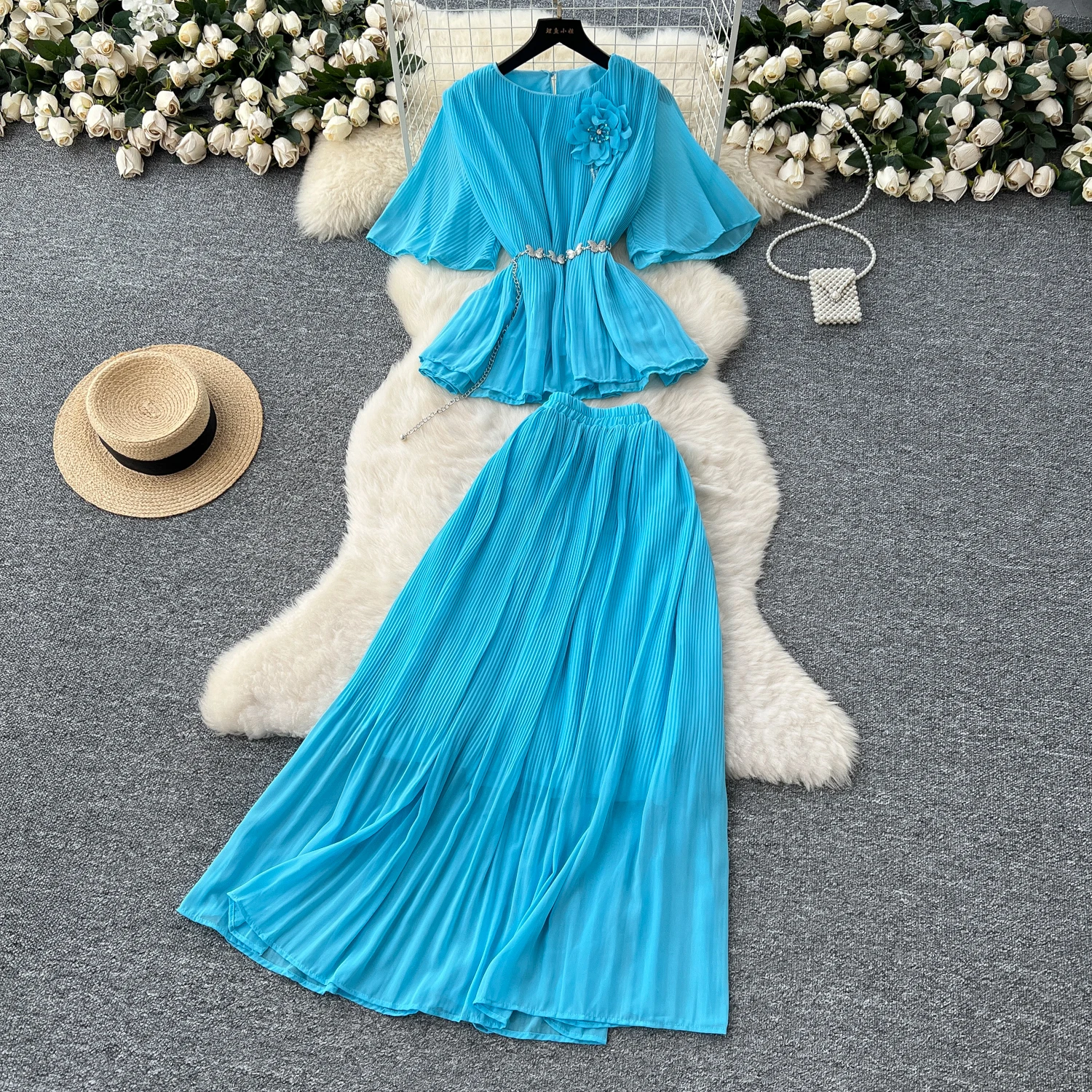 

Chic Elegant Three-dimensional Ruched slim chain casual Sexy Evening Fashion fairycore women clothing Two Piece Set