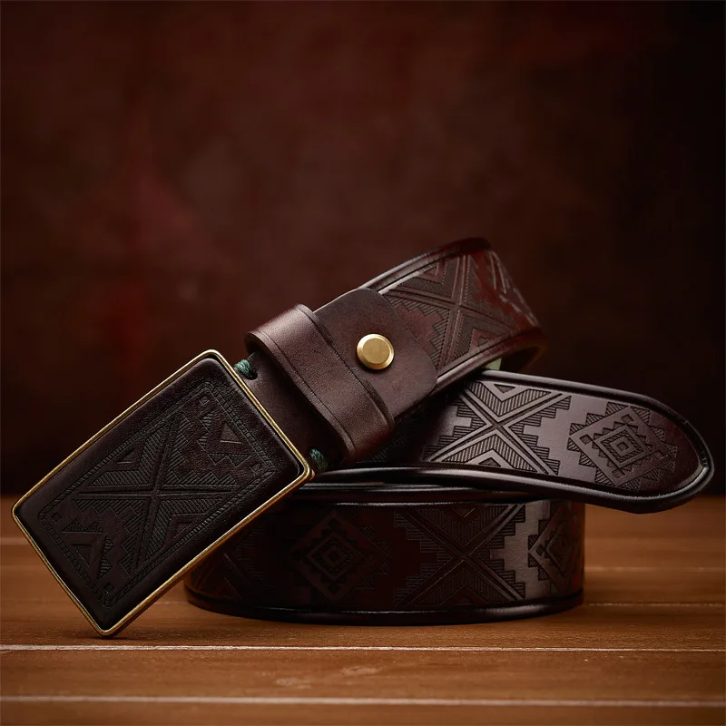 New handmade formal men's belt retro carved plate buckle jeans belt men's pure cowhide buckle all-match pants belt