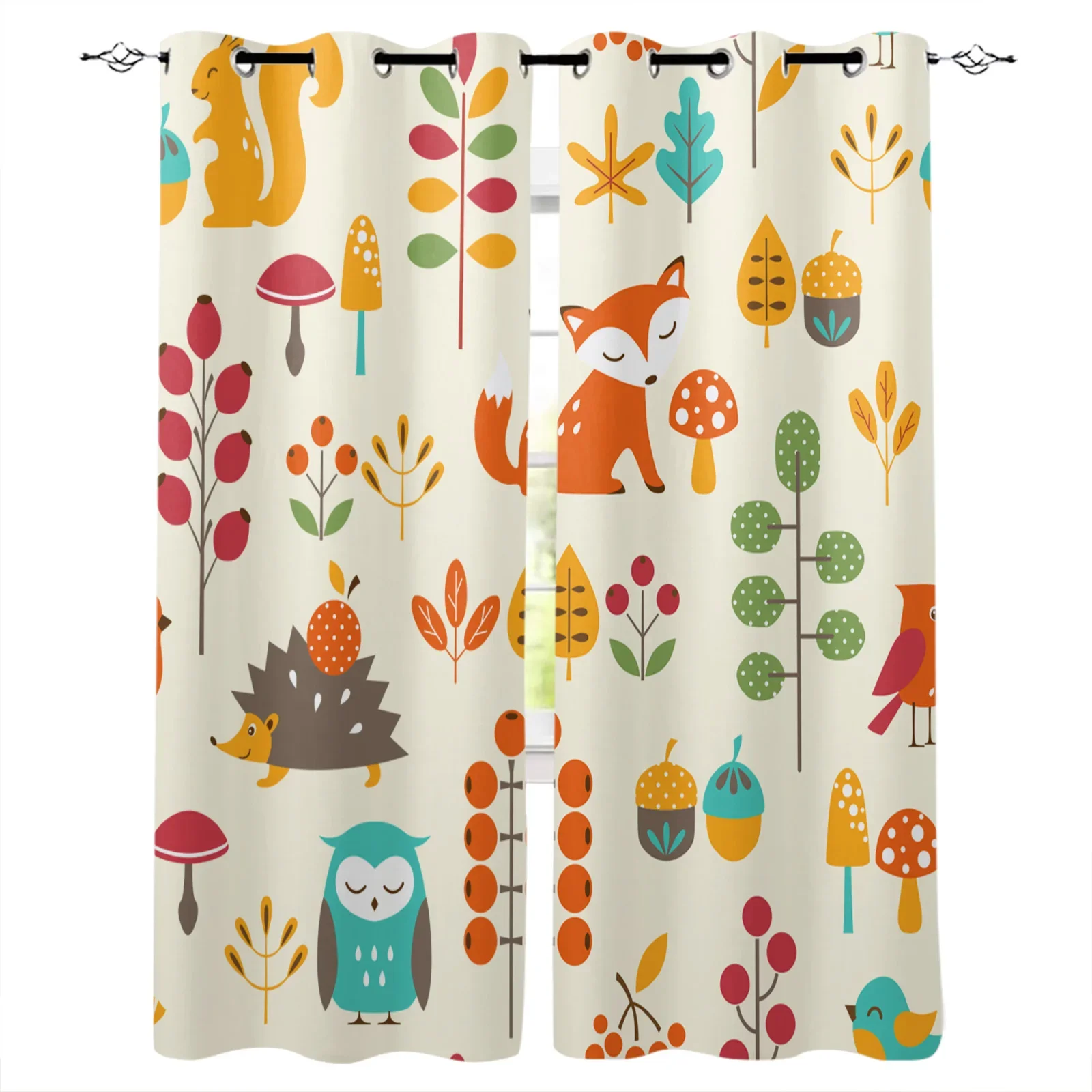 Cartoon Autumn Hedgehog Fox Owl Blackout Curtains Window Curtains For Bedroom Living Room Decor Window Treatments