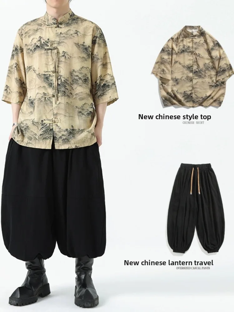 

New Chinese Sle Men's Summer irt ort Sve Refaioned Hanfu Set Youth Faion Loose Fit Printed Button down Thin Model