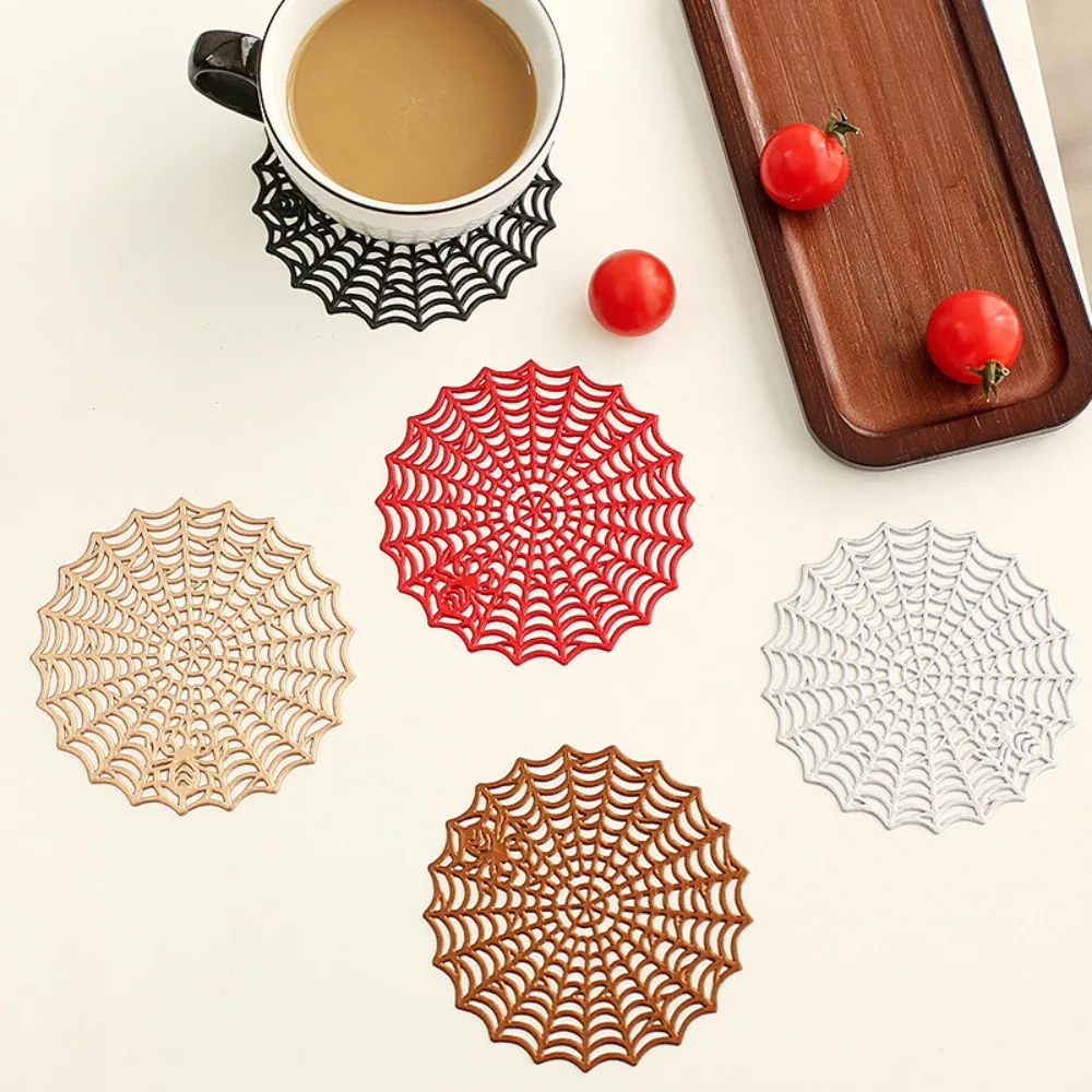 4PCS Non-slip Halloween Spider Web Placemat Hollow Out PVC Tableware Heat-Insulating Mat Waterproof European-style Cup Mat