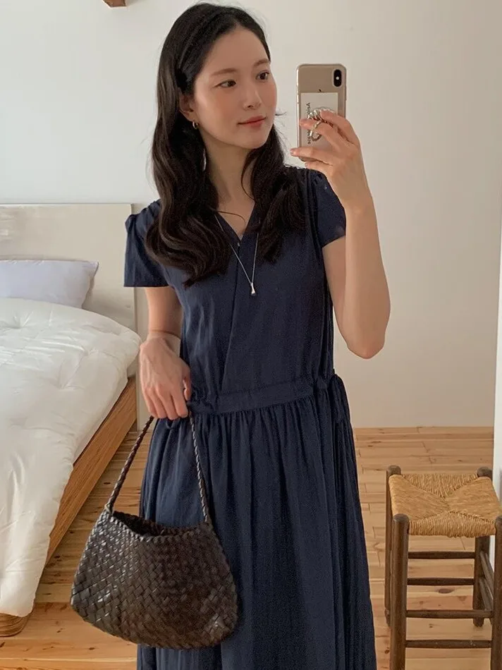 Chic V-neck Summer Dress Long And Thin Neckline School Street Style Korean Fashion Single Piece Regular Fit for Women