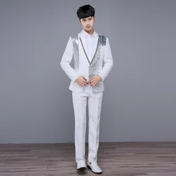 New Fashion Men Dance Party Sequin Dress Suit 2 Piece Set Black / White Singer Host Stage Performance Patchwork Jacket and Pants