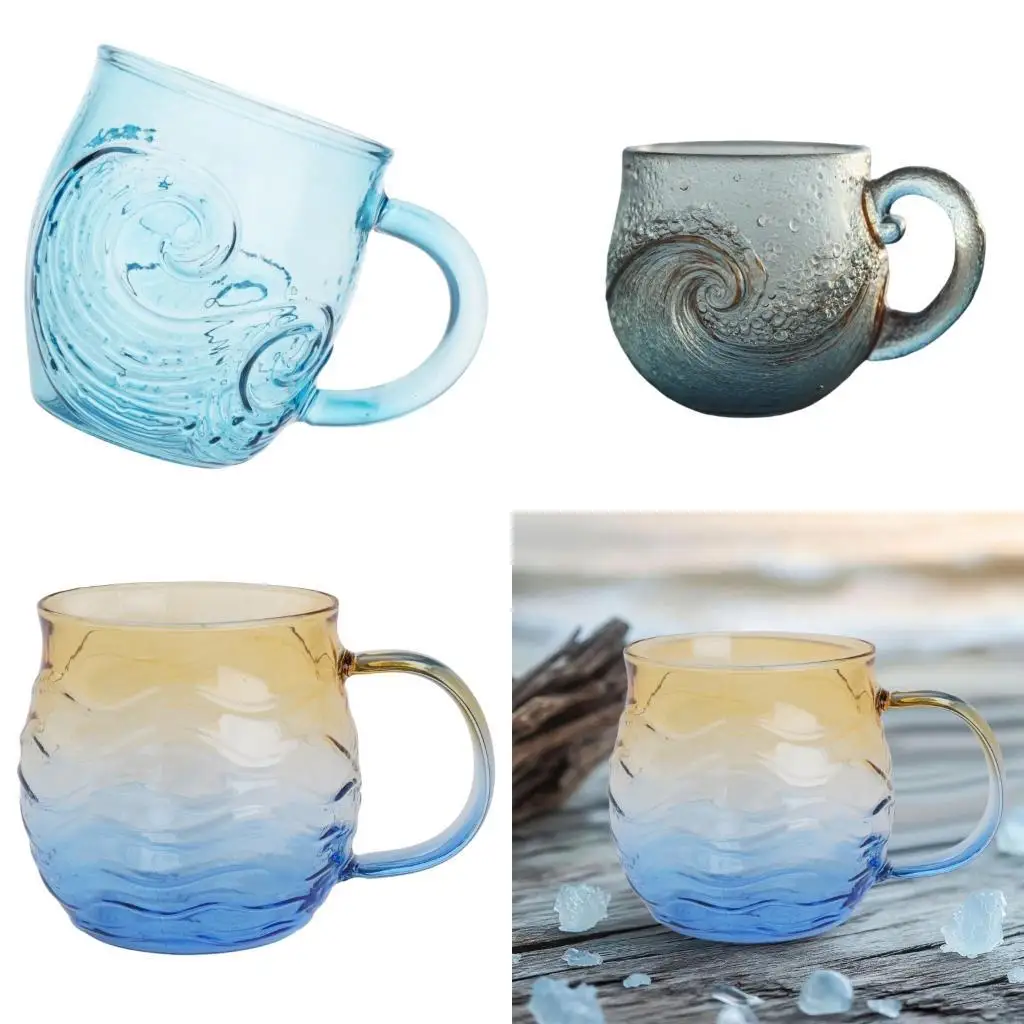 37ME Textured Ocean Waved Glass Mug 12Oz Handcrafted Coastal Drinkware For Tea Cocktails