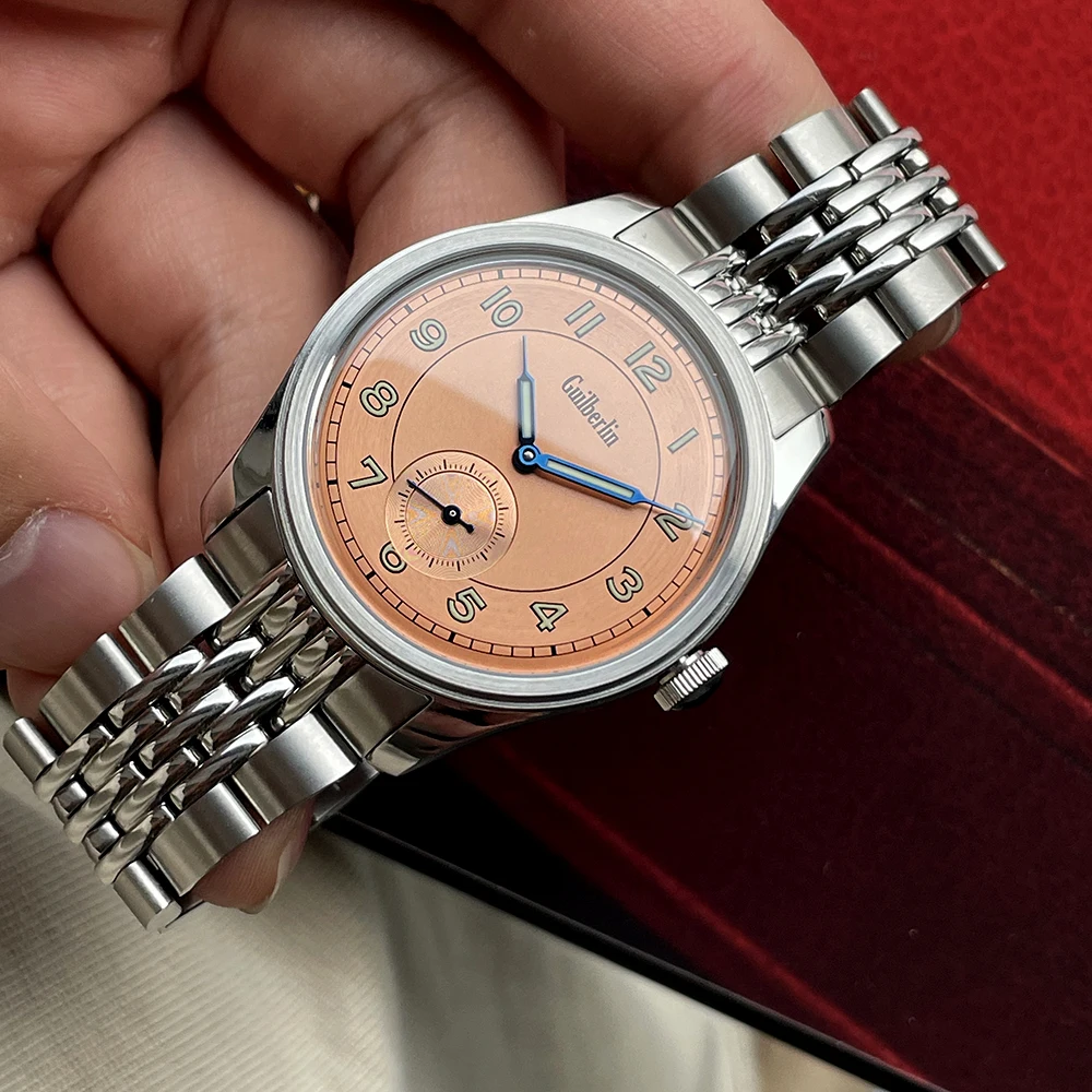 NEW Guilberlin Field Watch Sector Salmon Dial Retro Arrow Pilot Watch Men Mechanical Hand Wind Watch ST17 Super Luminous