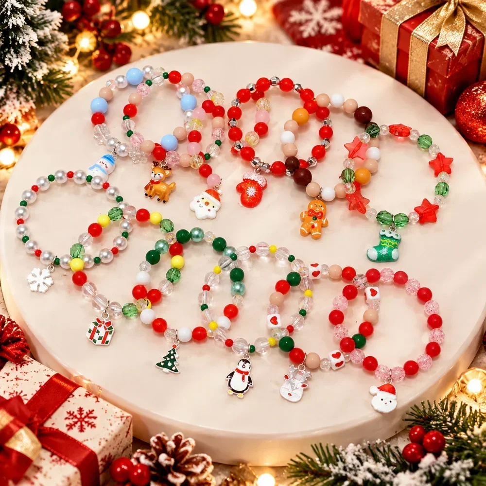 Christmas Charm Bracelet Colorful Beaded Bracelet with Snowman Red Mitten Pendant Cute Holiday Jewelry Gift for Kids Women
