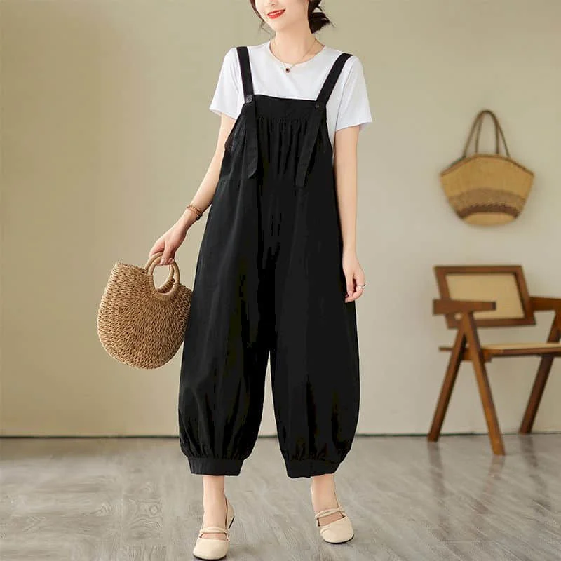 

Jumpsuits for Women Loose Solid Black Playsuits Safari Style One Piece Outfit Women Casual Overalls Retro Cropped Lantern Pants