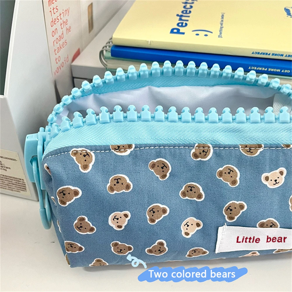 Little Bear Cute Pen Bag Large Capacity Print Pencil Case Creative Big Zipper Storage Pen Stationery Pouch Makeup Bag Bear Blue