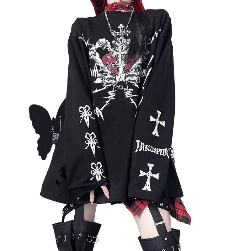 Subculture Japanese Gothic Print Punk Y2k T-shirt Women Loose Grunge T-shirt Aesthetics Tees Harajuku Kawaii Shirts Black Tops