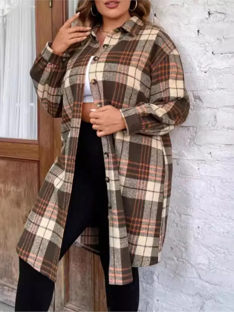 Plus Size Autumn Midi Plaid Striped Print Shirts Coats Women Irregular Pleated Fashion Ladies Blouses Casual Loose Woman Shirts