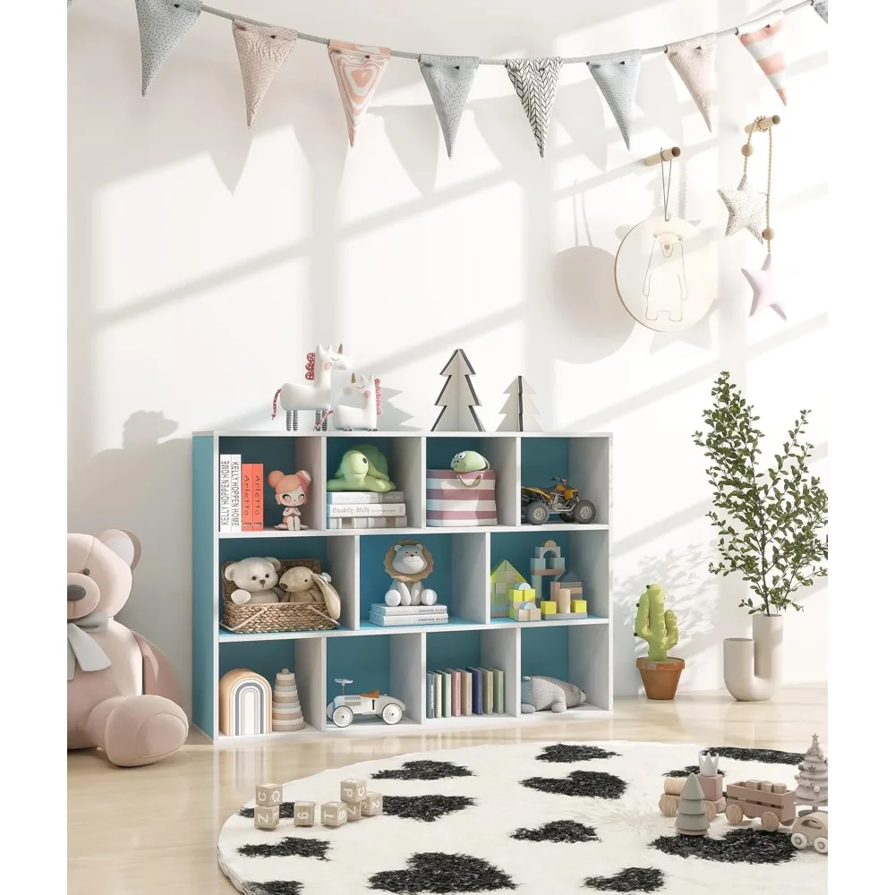 거실, 교실, 놀이방 공간에 적합한 블루 색상의 컴팩트한 11칸 어린이 책장 정리함