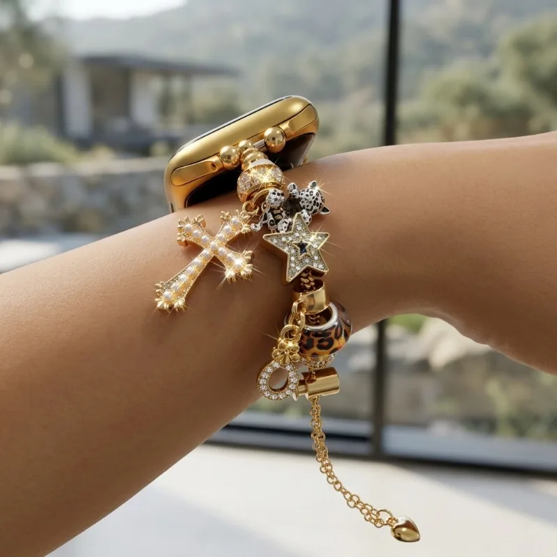 Trendy Punk Leopard Print Charm Bracelet Strap for Apple Watch S11 10 9 8 7 Ultra 40/41/45/49/44/42mm Cross Star Beads Wristband