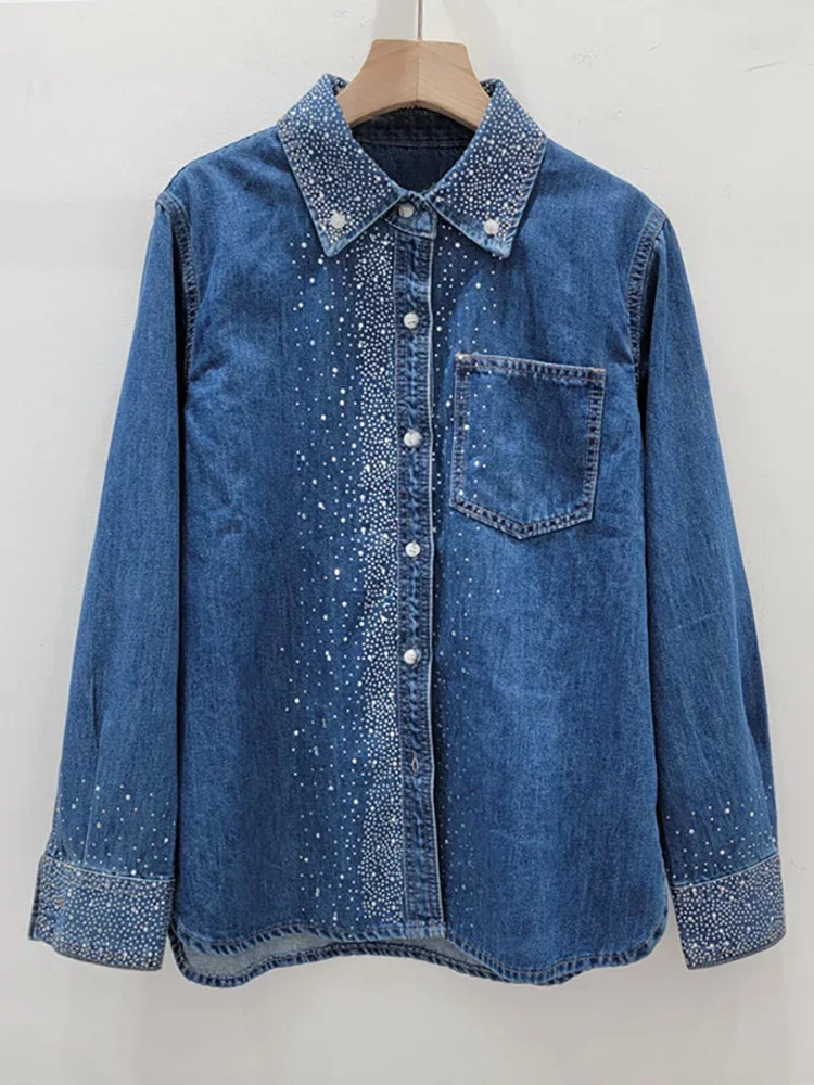 Women's Denim Shirt Loose Blue Grey Hot Fix Rhinestone Lapel Single Breasted Button Blouse 2024 Summer New Fashion 29L6940