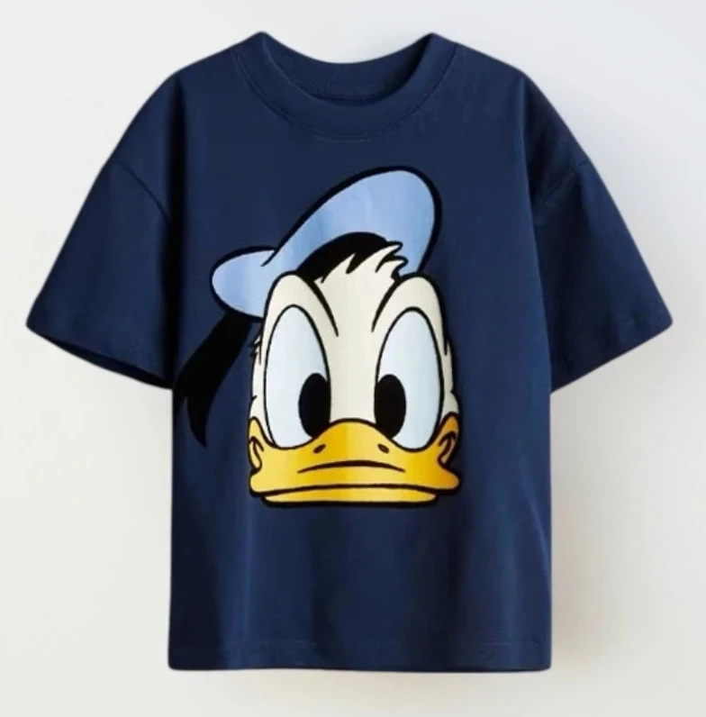 دونالد داك تيز كل مباراة قاعدة قميص الفتيان والفتيات الطفل الكرتون قمم فضفاضة ملابس علوية من القطن لطيف قصيرة الأكمام الزي الوالدين والطفل