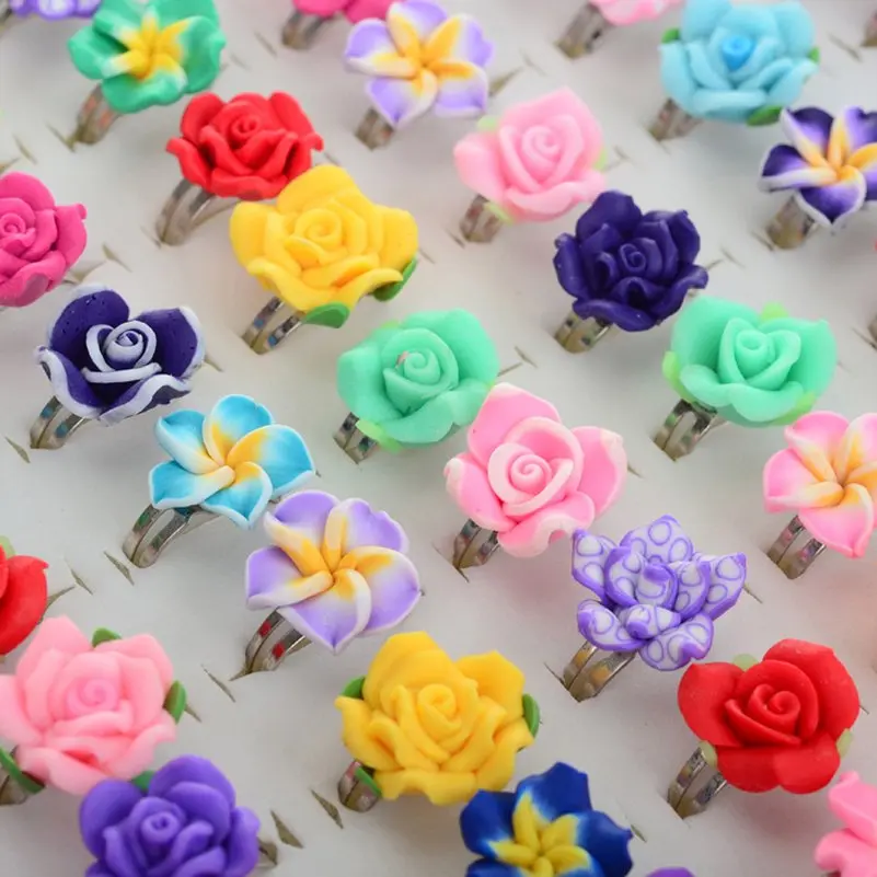 10pcs/Lot Colorful Polymer Clay Ring for Girls Sweet Flower Animal Fruit Shape Adjustable Rings Child Kids Birthday Jewelry Gift