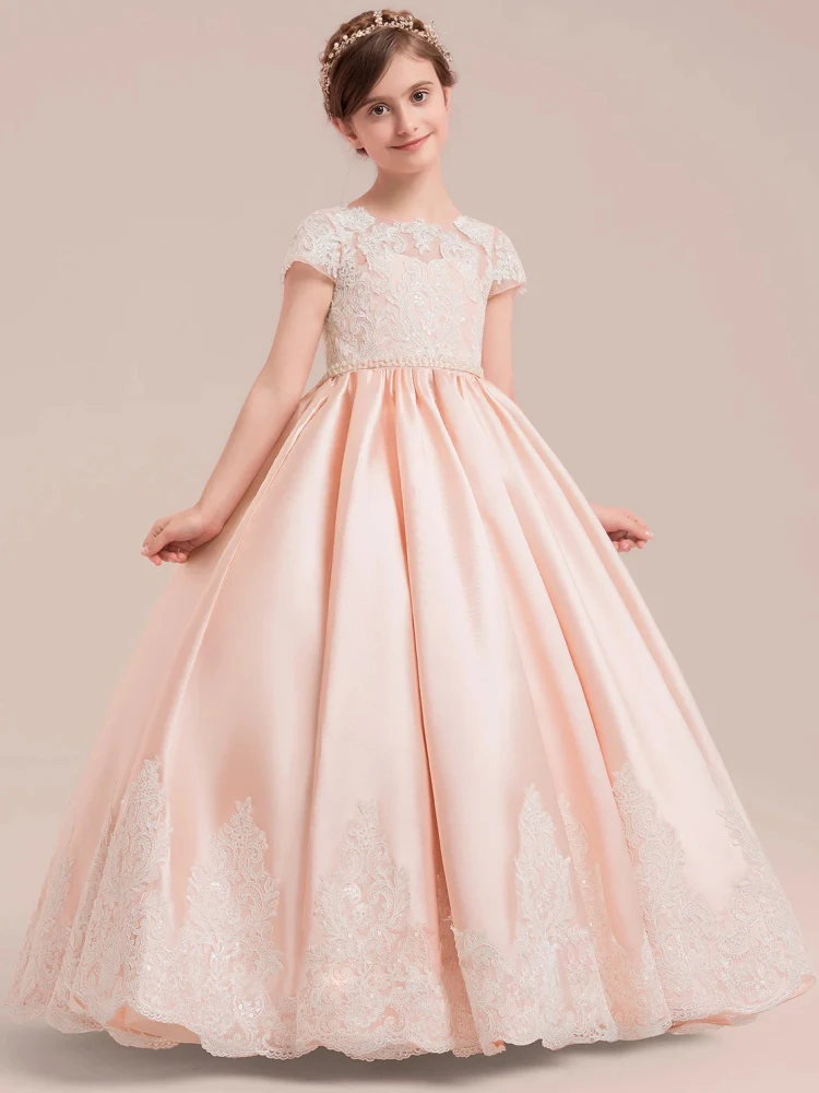 

Flower Girl Dresses Blush Satin White Flory Embroidery Short Sleeve For Wedding Birthday Party Banquet Holy Communion Gowns