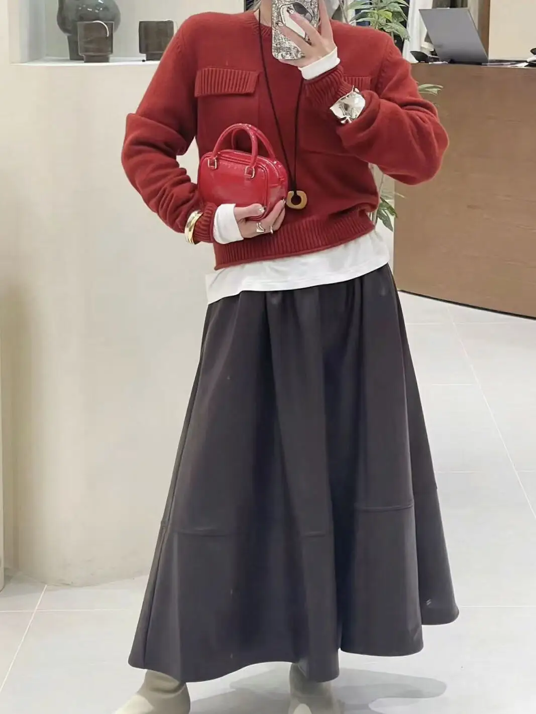 

Темно-коричневая плиссированная юбка А-силуэта миди на резинке для женщин, осенне-зимняя, стройнящая, простая, в форме зонта