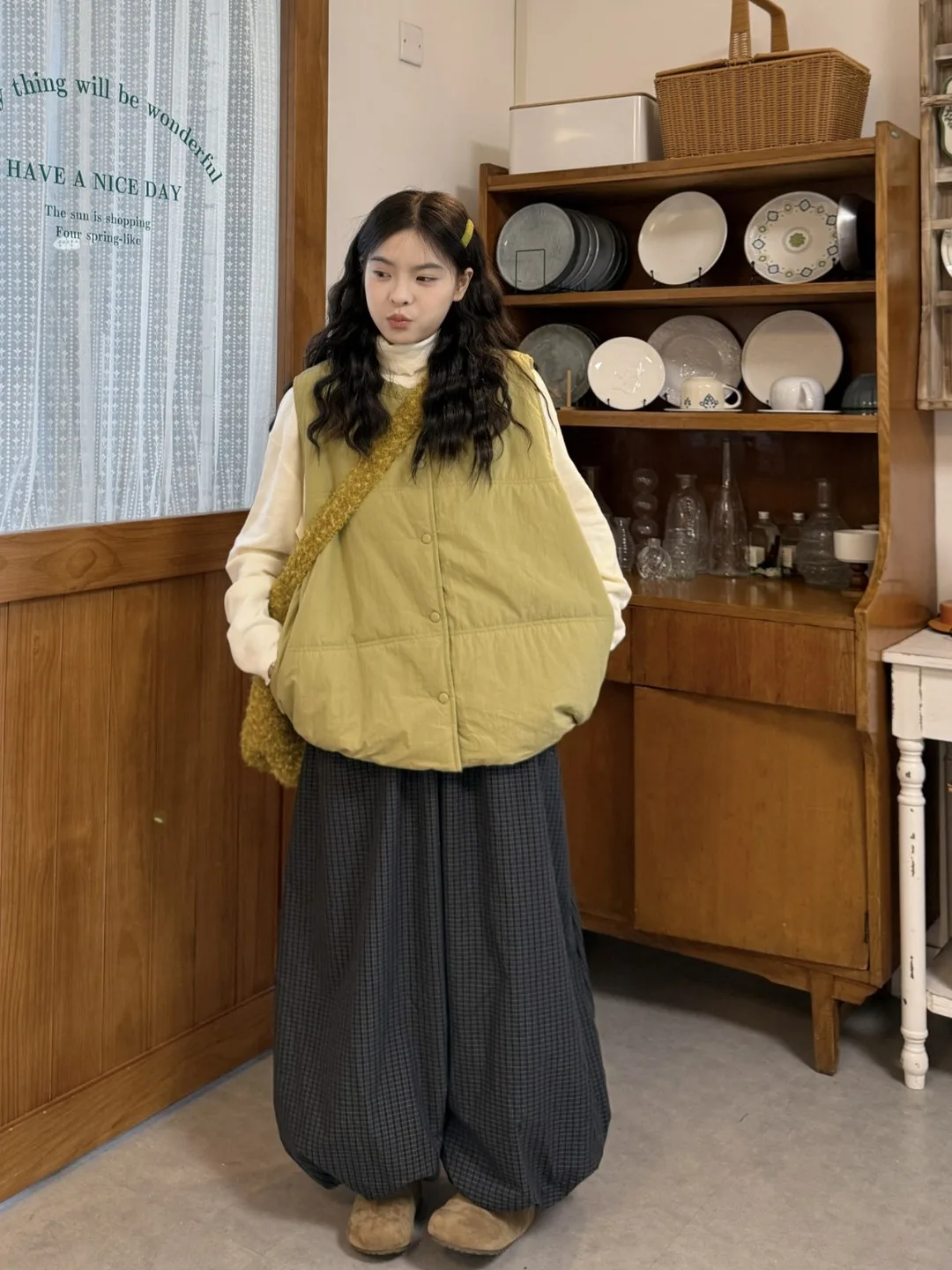 

plus Size Women's Gentle Sle Loose Cotton Vest Outerwear Autumn Winter High Waist Plaid Long Pants Faionable Commute Kore...