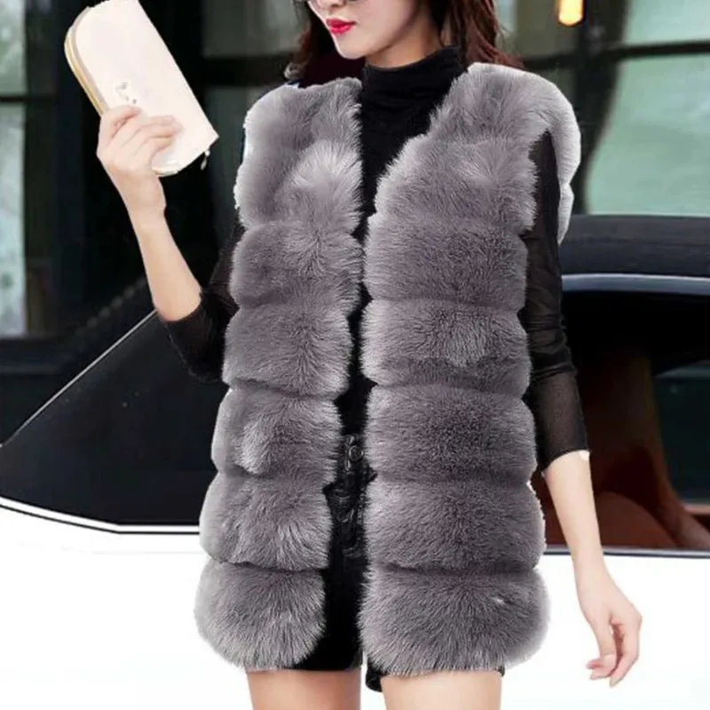 Autumn Winter Faux Fur Coat Women  Thick Warm Fur Elegant Sleeveless Long Vest Woman Casual Slim Luxury Thick Warm Fur Jacket