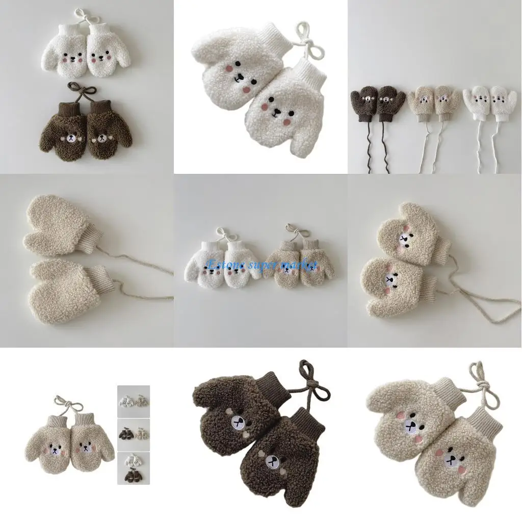 

090B Childrens Fleece Lined Handwear With Hanging Neck Strap Cosy Winter Warm Mittens For Toddler 1-4 Years Lamb Wool