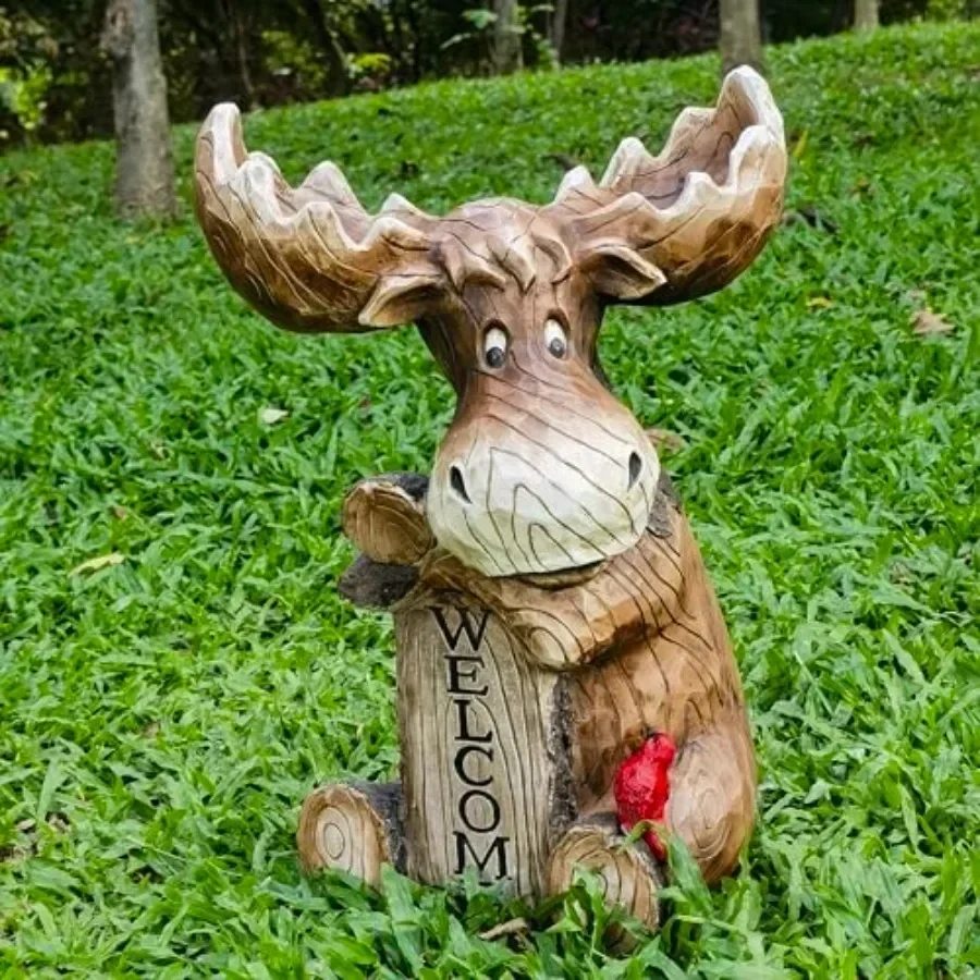 Garden welcome sign featuring moose and cardinal design, made of weather-resistant metal, rustic red finish, durable outdoor us