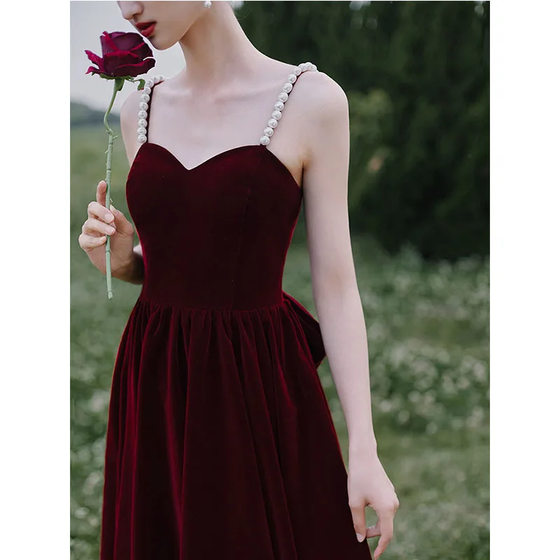 Vintage Burgundy Evening Dresses Fashion Spaghetti Strap Tea-length Vestidos Sexy Backless  Robe Soiree custom made Customized