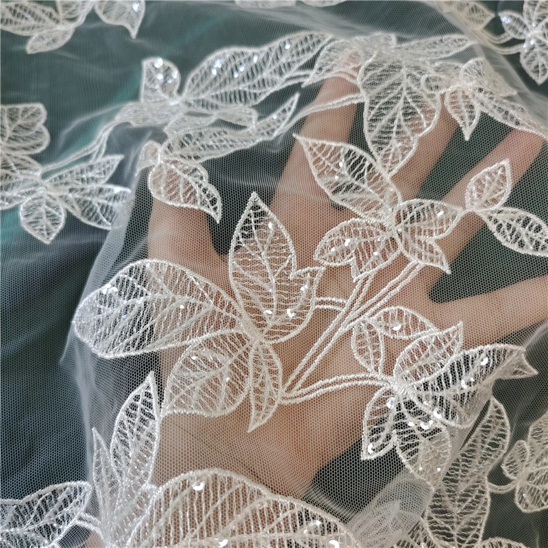 New High-Grade Off-White Mesh Embroidery Lace Fabric Leaves Sequins Curtain Clothing Material Handmade DIY