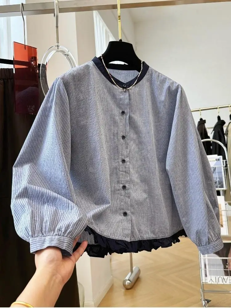 

Женская повседневная рубашка, дизайнерские нишевые полосатые рубашки, простые свободные топы в стиле ретро, осень 2021, новые блузки с длинными рукавами