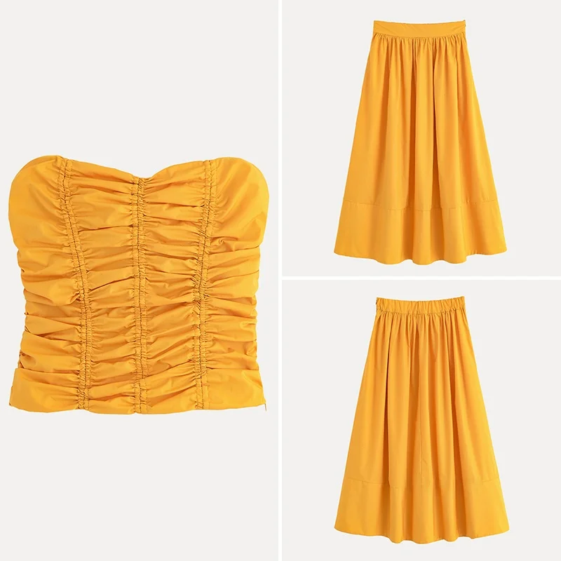 

Summer 2025 Women's Sle Strapl Folded f Skirt Top Polyester Fiber round Ne ort Sve Two-Piece Set Z Brand