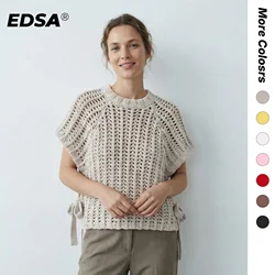 EDSA Women Chunky Knit Top with Side Straps O-Neck Short Sleeves Hollow Out Cropped Sweater Pullover for Casual Female