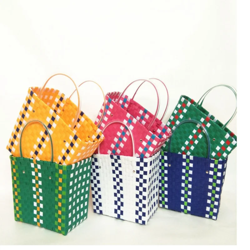 Fashion Hand-woven vegetable basket Fruit bag woven contrast color handbag Large-capacity Bump Color Woven Vegetable Basket