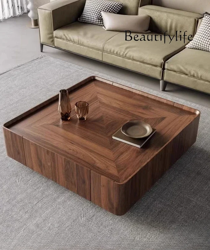 X35 Minimalist Walnut Coffee Table TV Cabinet Combination Modern Retro Wabi Sandy Wind Square Solid Wood Living Room Square Tabl