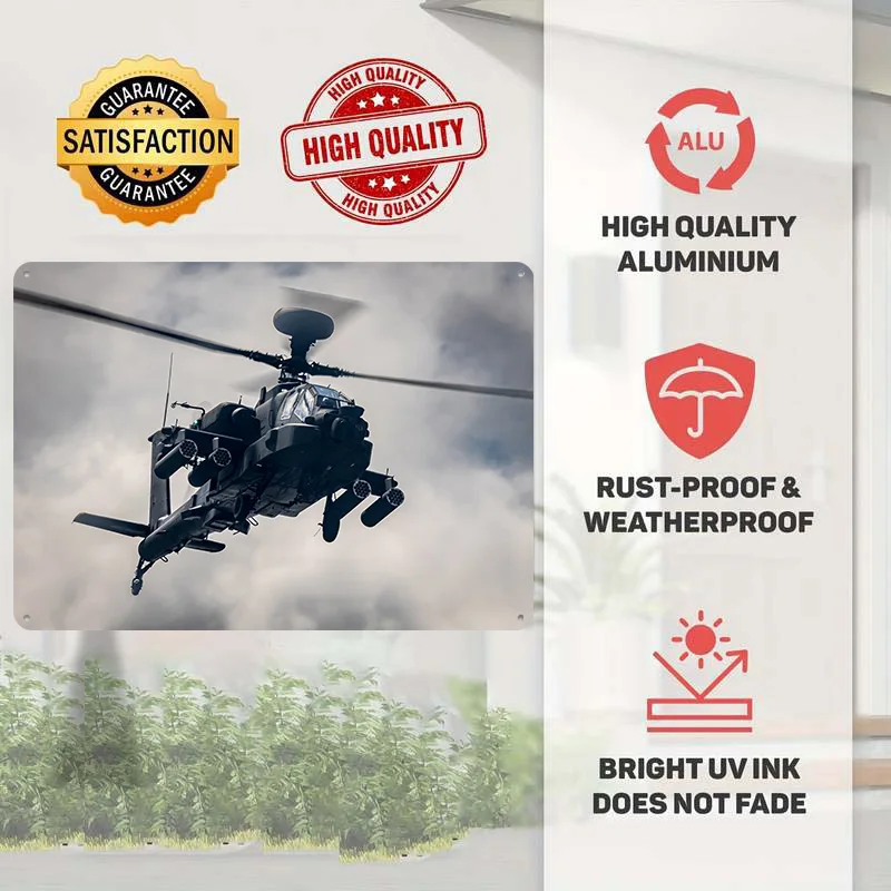 Apache Helicopter in Flight 3D Texture Metal Poster Customized Wall Art Tin Sign Gift for Mancave Living Room Decoration House