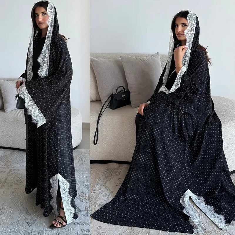 

2026 New Fashion Headscarf Sweet Lace Trim Polka Dot Print Long Robe Cardigan Abaya