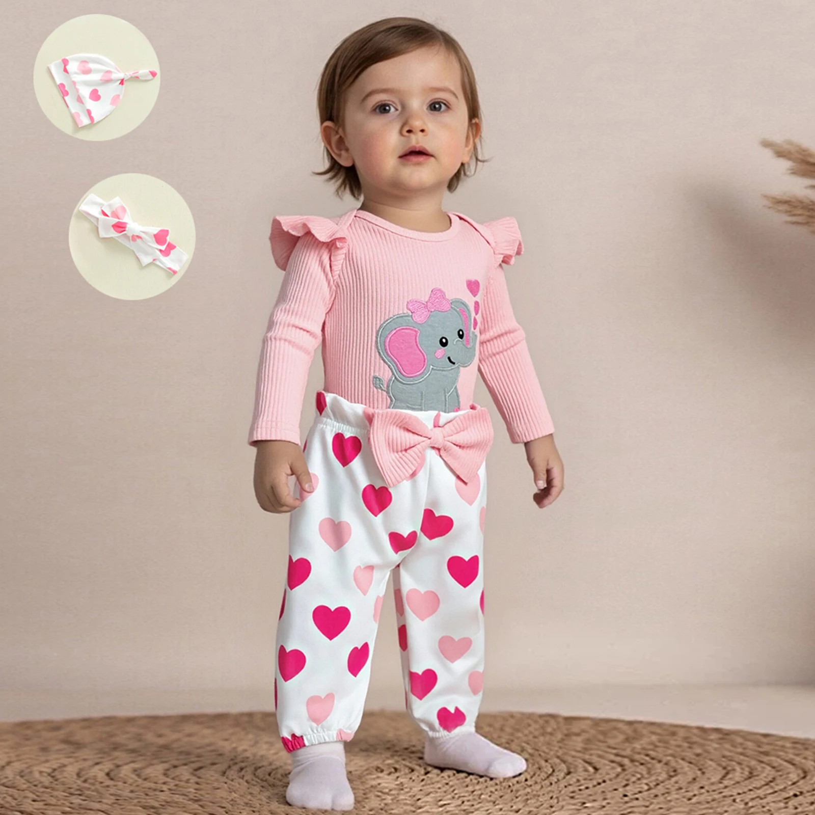 Baby Girl Fall Outfits Elephant Embroidery Long Sleeve Romper with Heart Pattern Pants and Headband Hat 4 Pcs Set