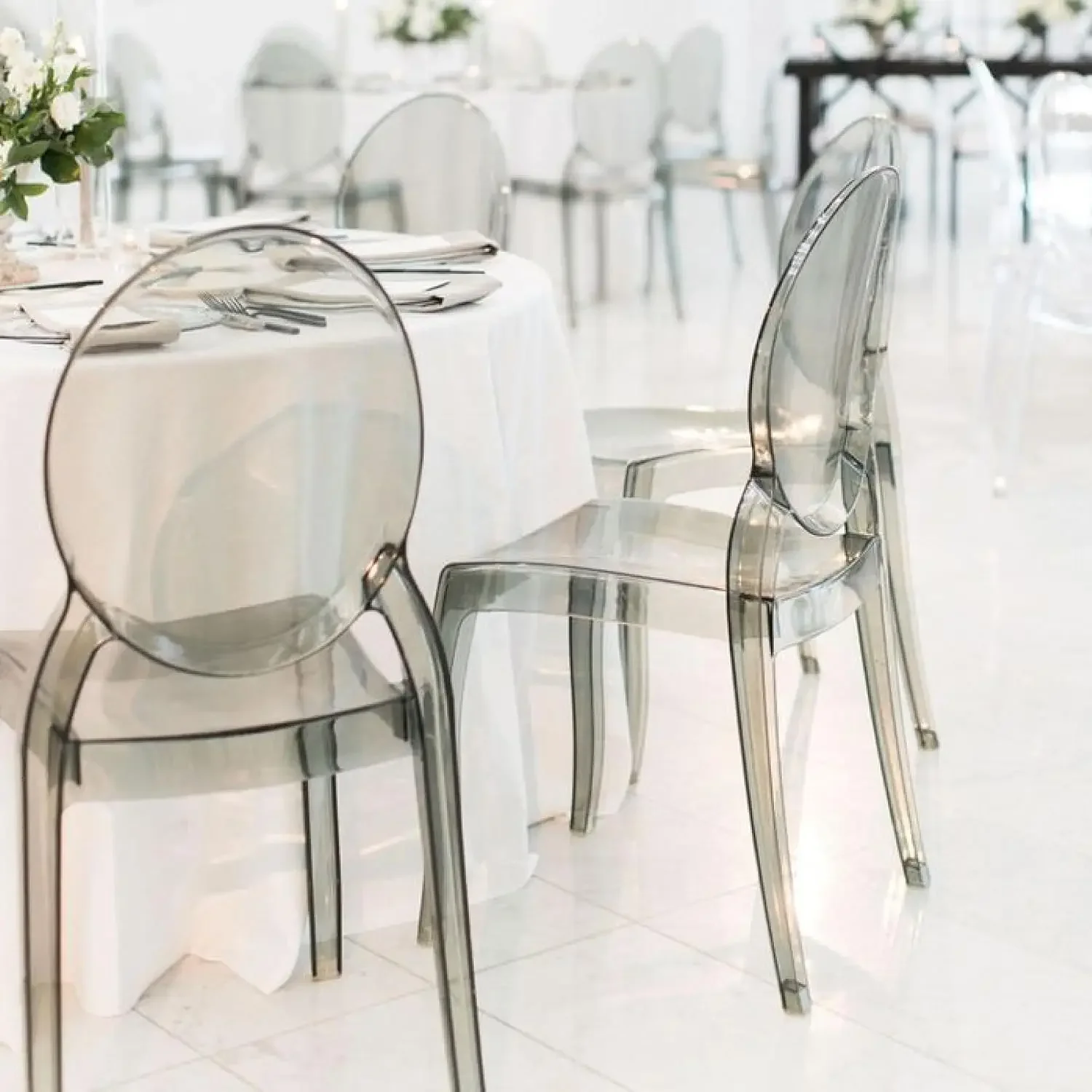 Set of 2 Smoke Gray Clear Ghost Chairs, Acrylic Dining Chairs | Large Transparent Kitchen Restaurant Chair for Events, Weddings